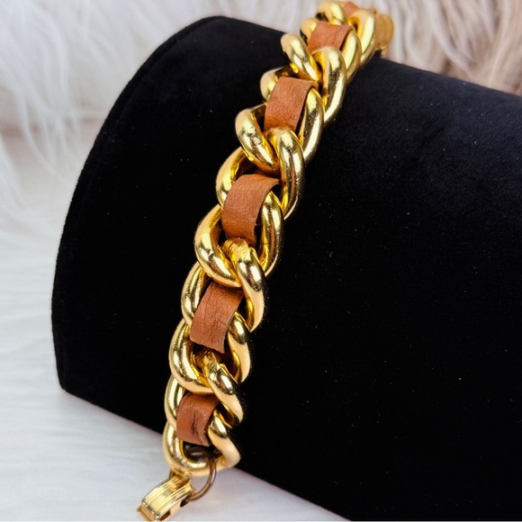 Jewelry - Vintage goldtone chunky chain, brown woven bracelet